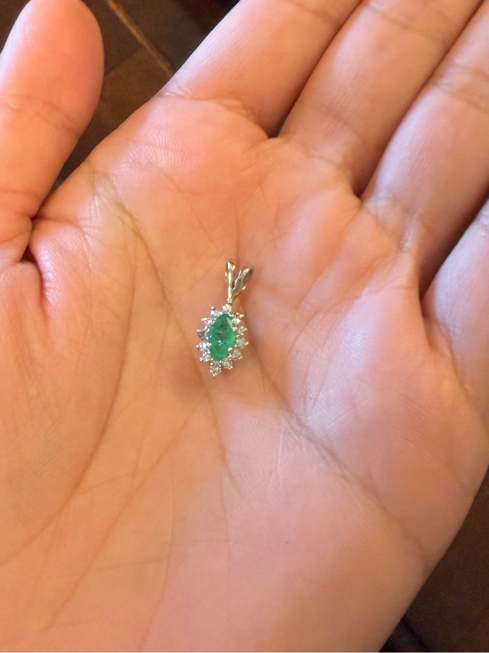 14k White Gold Natural Emerald and Natural Diamond Pendant